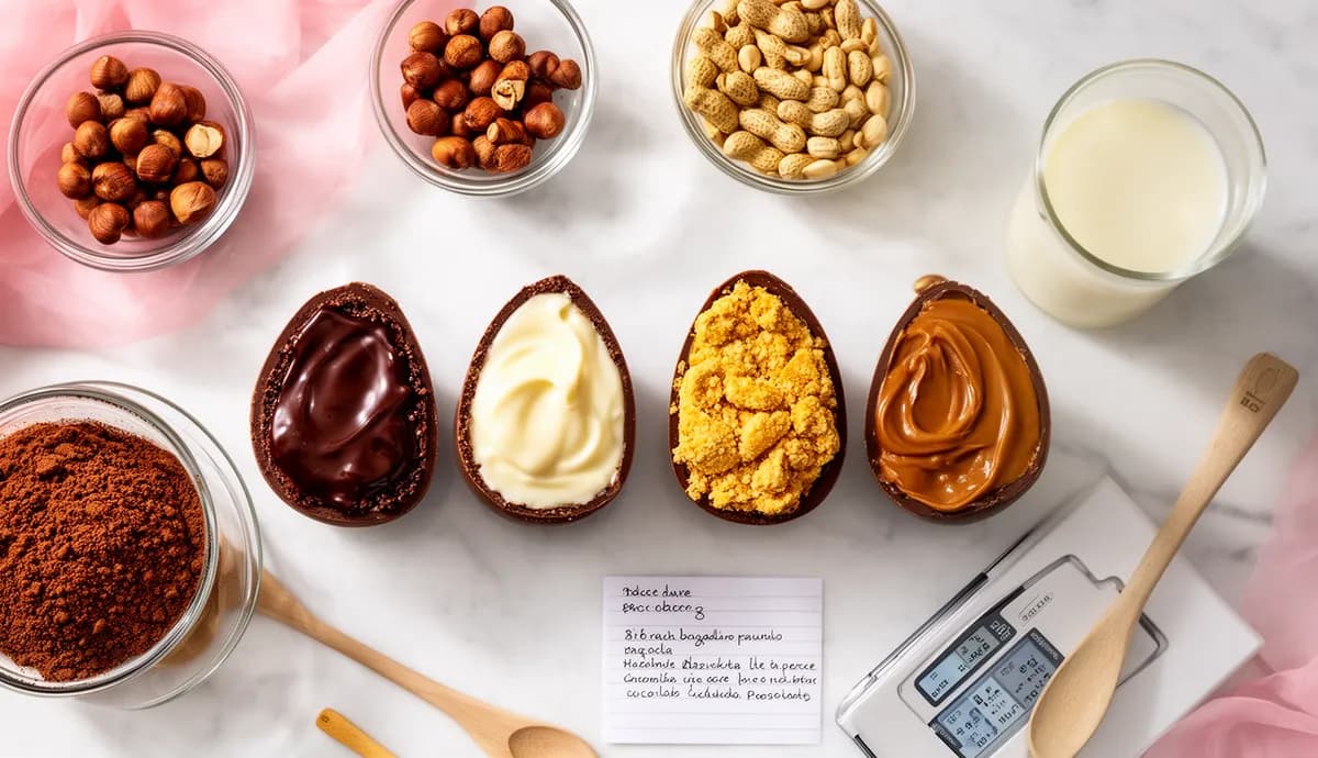Ovos de Páscoa de chocolate recheados com brigadeiro, doce de leite, creme de avelã e paçoca sobre superfície de mármore branco, com ingredientes ao redor