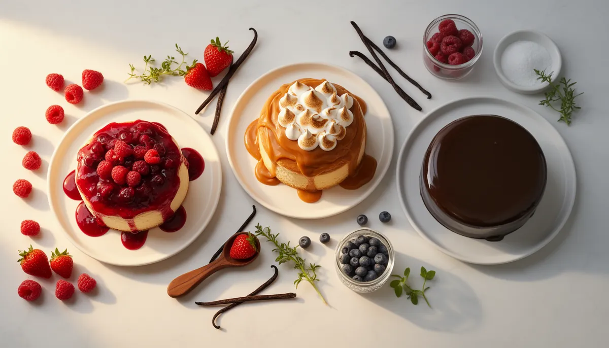 Três coberturas de bolo diferenciadas em pratos brancos: calda de frutas vermelhas, doce de leite com merengue e mirror glaze chocolate, com frutas vermelhas frescas e iluminação natural