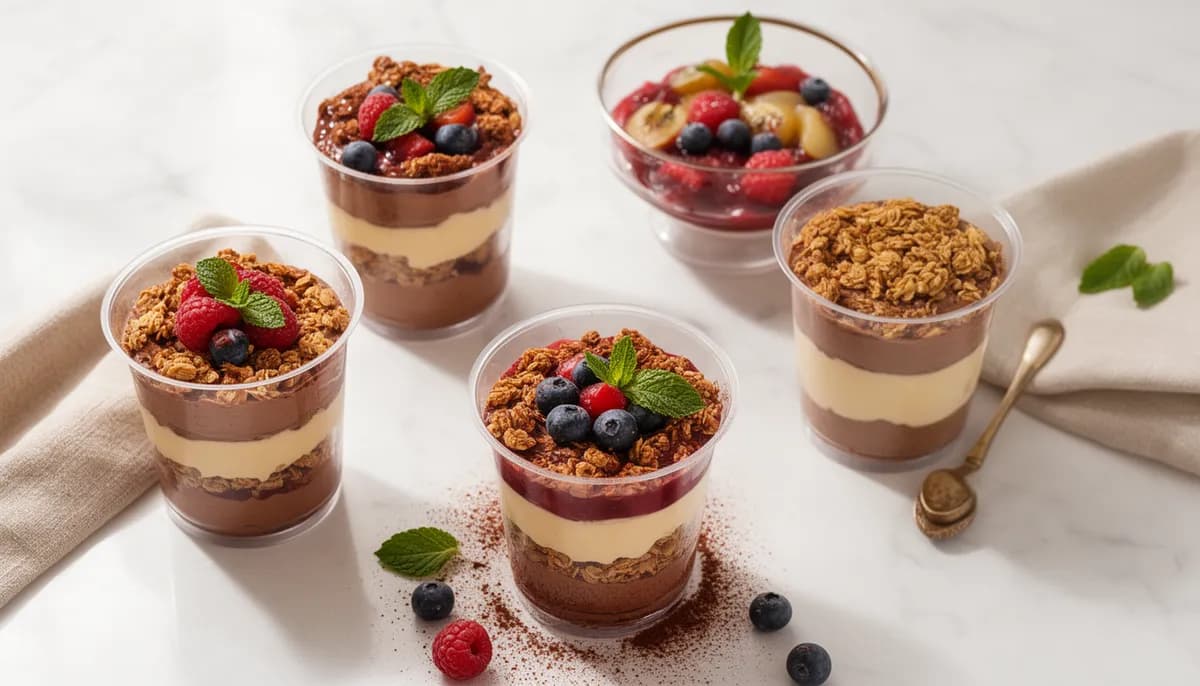 Cinco sobremesas em taça com camadas de creme, chocolate e frutas sobre bancada de mármore com iluminação natural