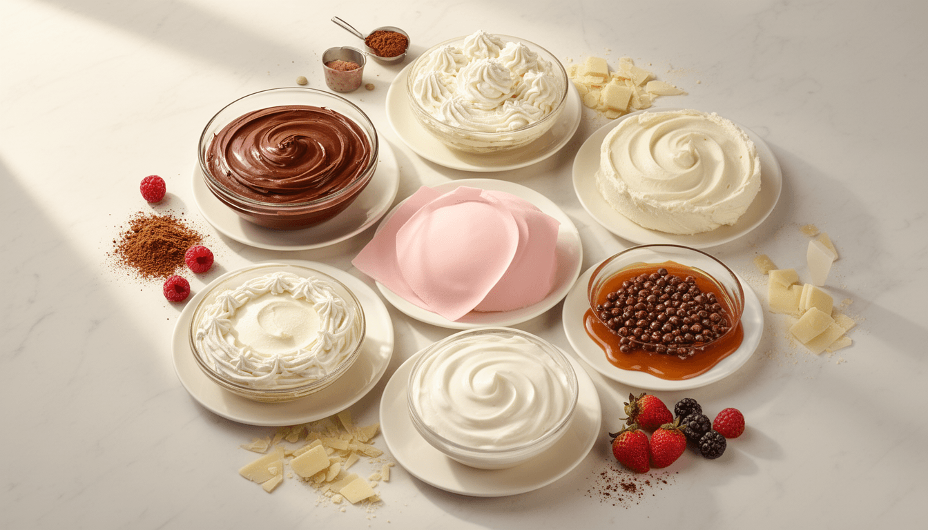 Nove coberturas de bolo em diferentes estilos dispostas em prato branco com ingredientes e utensílios de confeitaria ao redor
