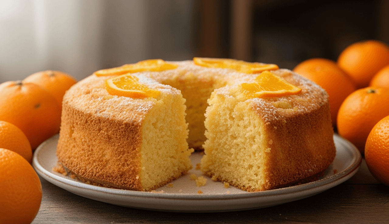 Bolo de laranja caseiro fatiado sobre prato de cerâmica branco, com laranjas frescas e raspas de casca de laranja ao redor, i