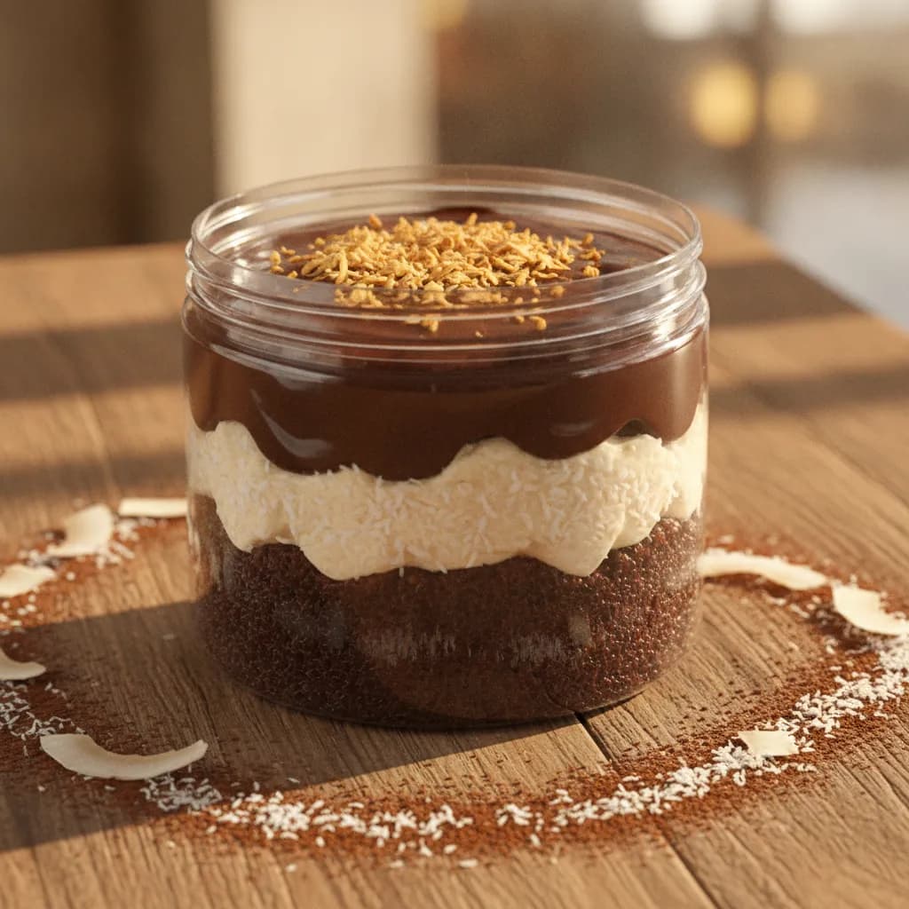 Bolo no pote de prestígio em pote plástico transparente com camadas de bolo chocolate, recheio de coco e ganache, sobre mesa de madeira com iluminação natural