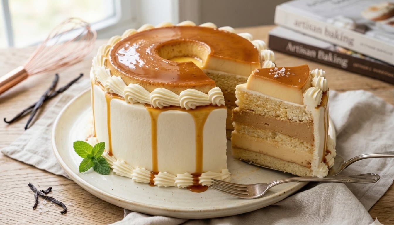 Bolo pudim de confeitaria com três camadas, chantily decorado e mini pudim no topo, sobre prato branco com ingredientes ao redor