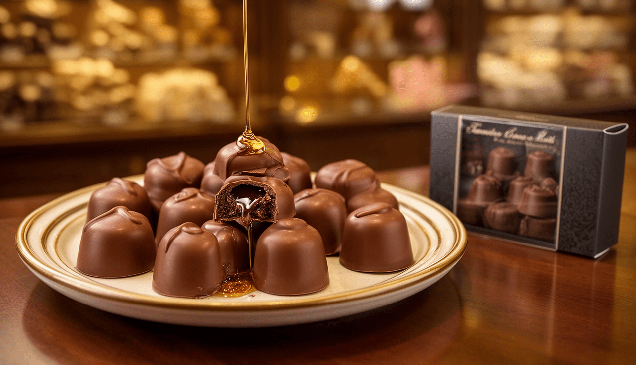 Bombons de chocolate com recheio de licor em caixa de presente com papel dourado e ramo de eucalipto