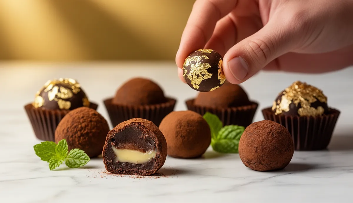 Trufas gourmet de chocolate com cobertura de ouro e papel artesanal em superfície de mármore branco