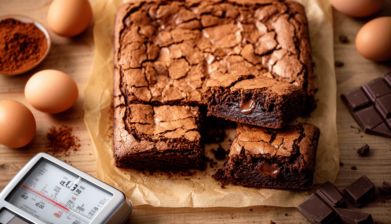 Brownies com casquinha crocante sobre papel manteiga, um partido ao meio mostrando interior molhadinho, ingredientes e balança de precisão ao fundo