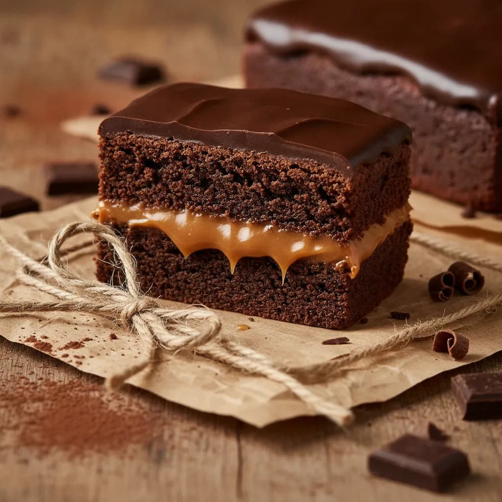 Brownie recheado em camadas com chocolate, doce de leite e ganache em corte transversal sobre papel kraft