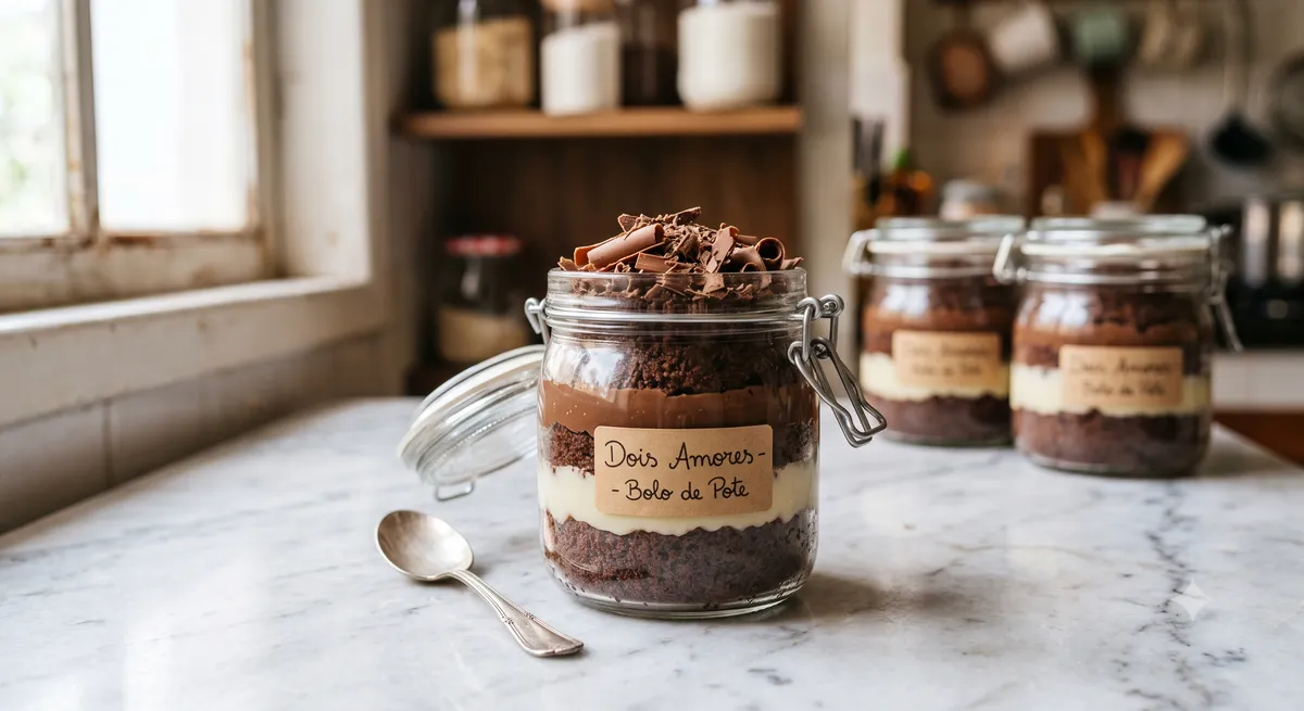Bolo de pote dois amores em pote de vidro, com camadas de bolo de chocolate e creme e raspas de chocolate no topo, sobre bancada de mármore, com outros potes ao fundo