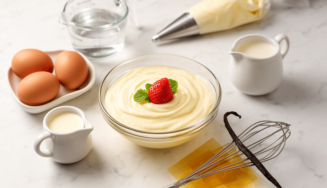 Creme bávaro cremoso em tigela de vidro com morango fresco e hortelã, cercado por ingredientes como ovos, creme fresco e folhas de gelatina em superfície de mármore branco com iluminação natural