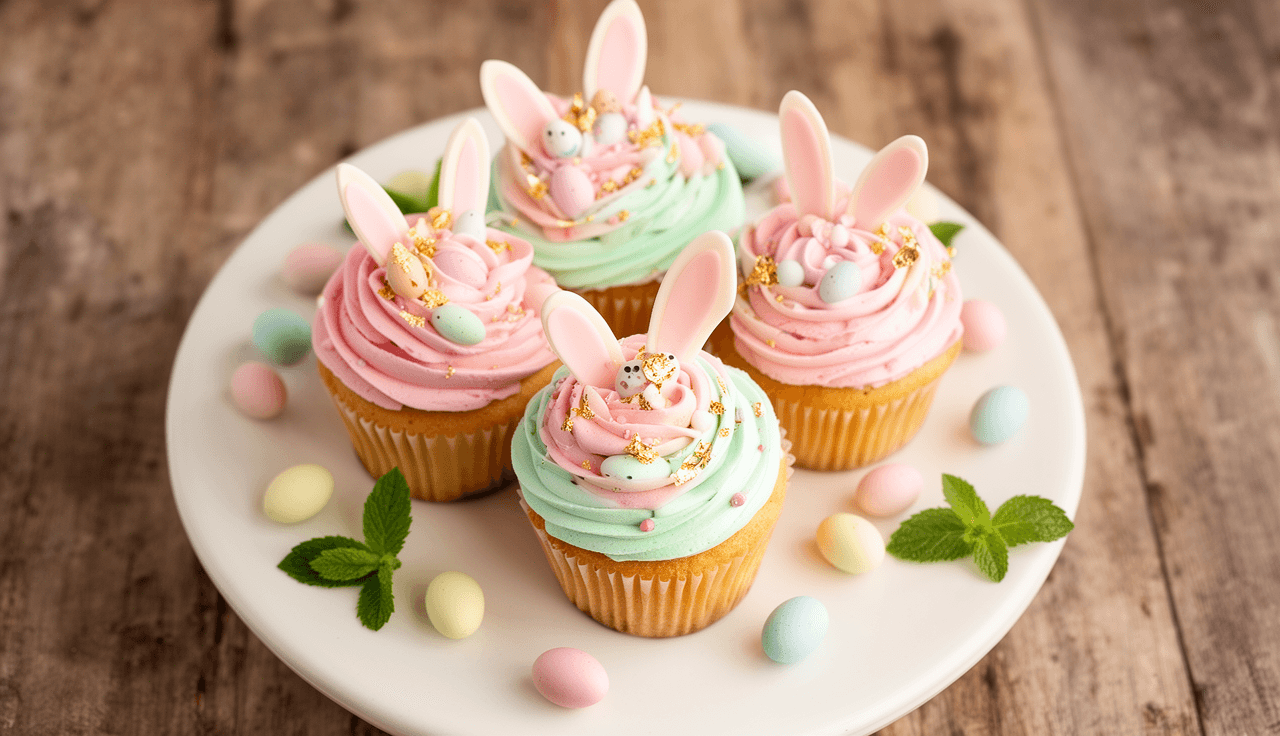 Cupcakes decorados para Páscoa com cobertura rosa e verde menta, orelhinhas de coelho em fondant e ovos coloridos ao redor em prato branco