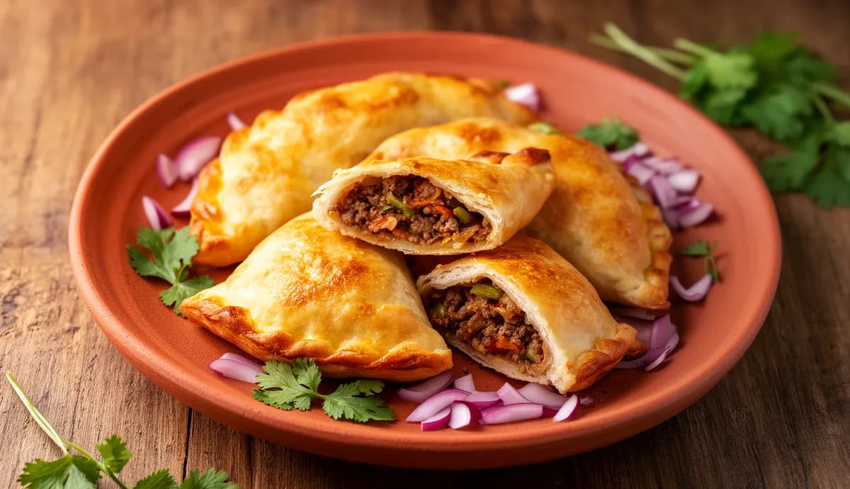 Empanadas chilenas assadas em prato cerâmico, uma cortada ao meio mostrando recheio de carne e vegetais, com cilantro fresco e cebola roxa ao redor