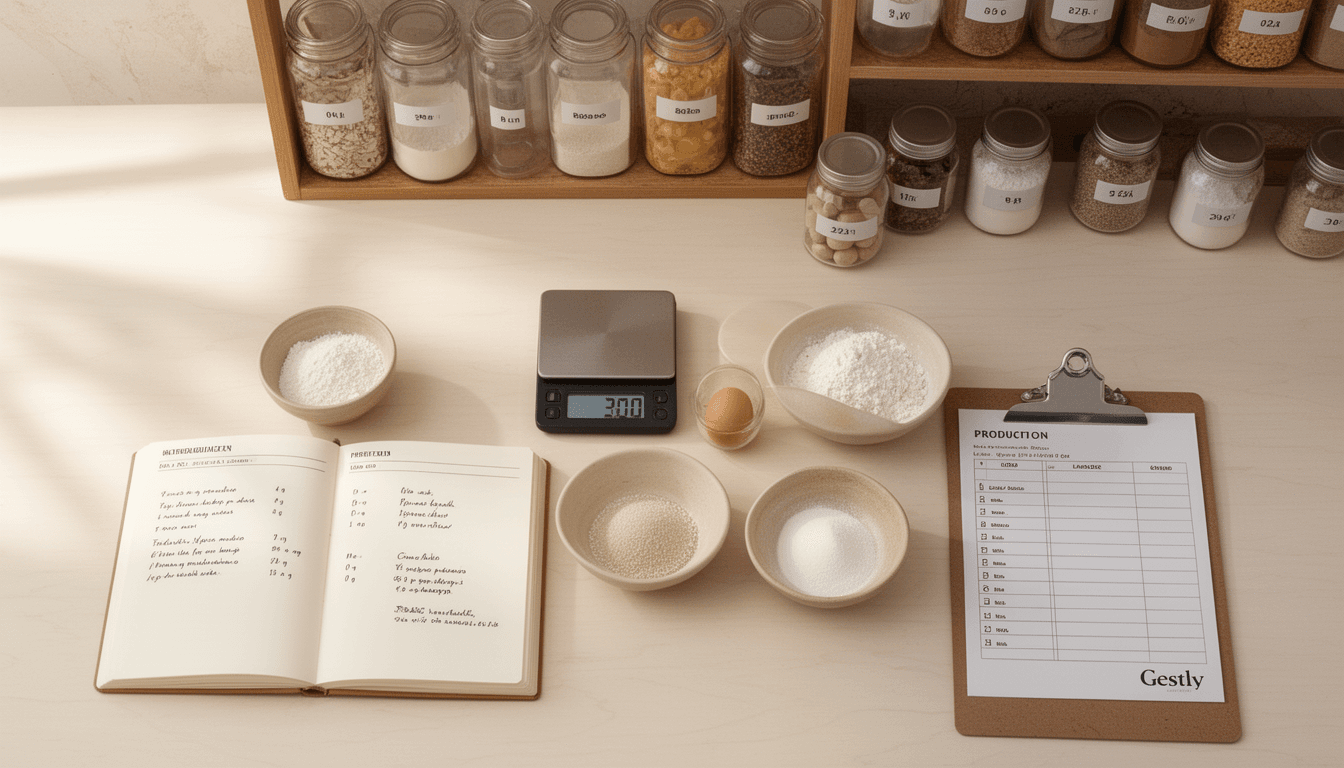Bancada de confeitaria organizada com ingredientes medidos em gramas, receita padronizada e checklist de produção sob iluminação natural
