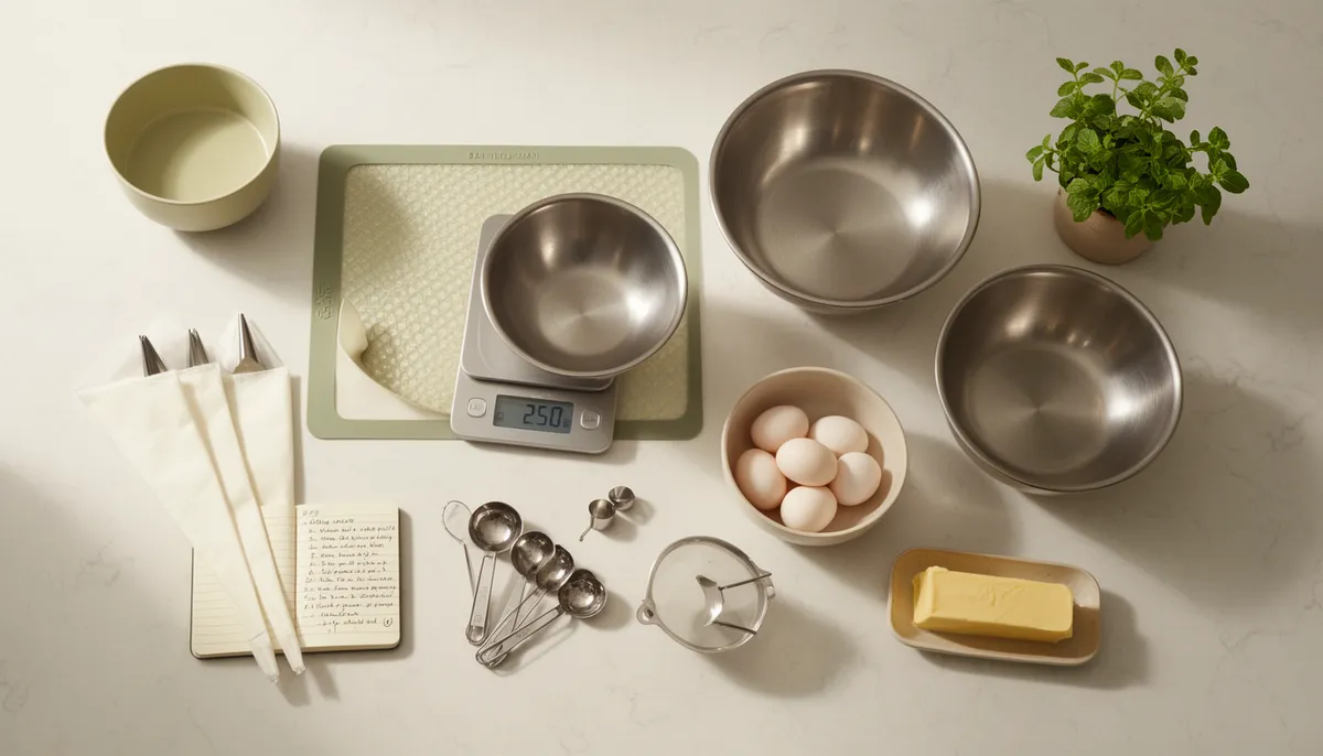 Kit de equipamentos essenciais para começar confeitaria caseira: balança digital, tigelas, formas, colheres medidoras e ingredientes básicos sobre bancada de mármore com luz natural