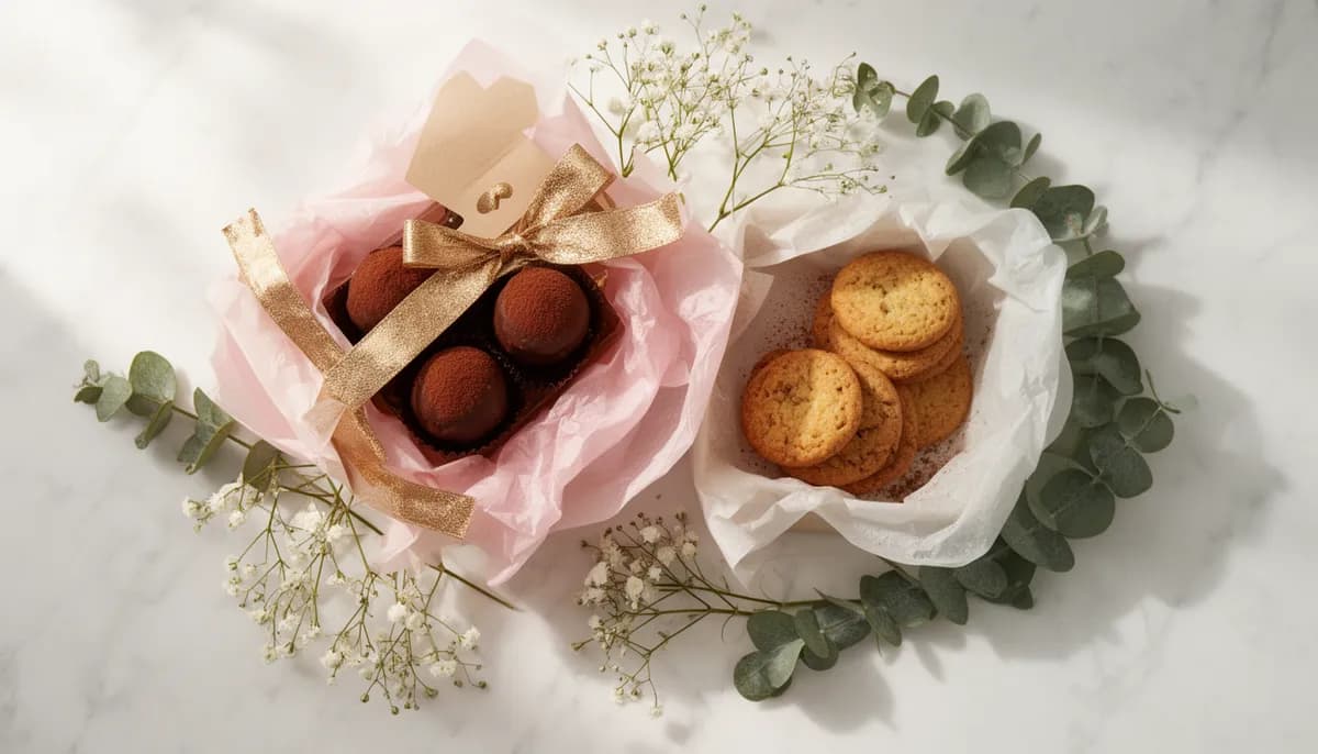 Kit presente Dia das Mães com trufas de chocolate, biscoitos amanteigados, embalagem kraft e fita dourada sobre mármore branco