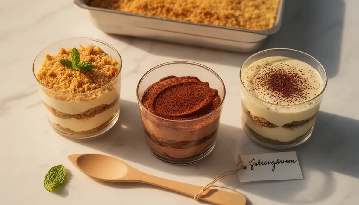 Três sobremesas em taça com pavê, mousse de chocolate e tiramisuá em copos de vidro, iluminação natural quente, styling profissional