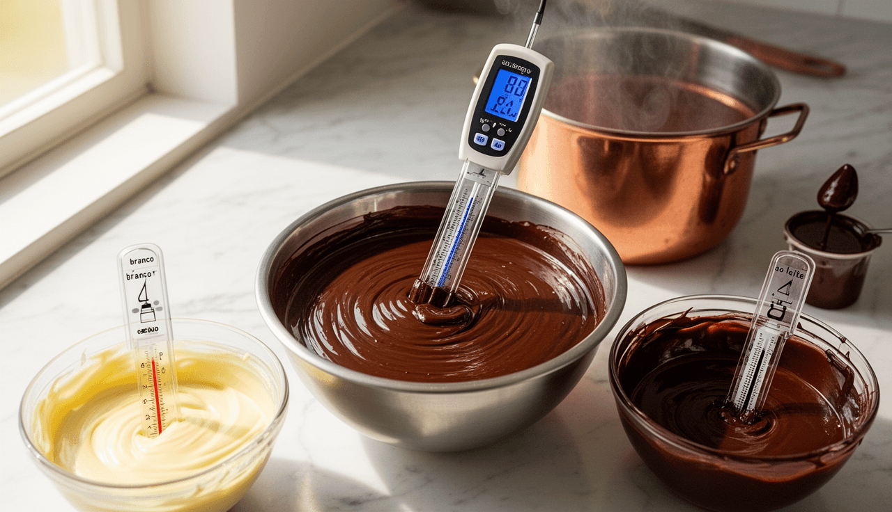 Configuração profissional de temperagem de chocolate com três variedades (amargo, ao leite e branco) em tigelas de aço inox,