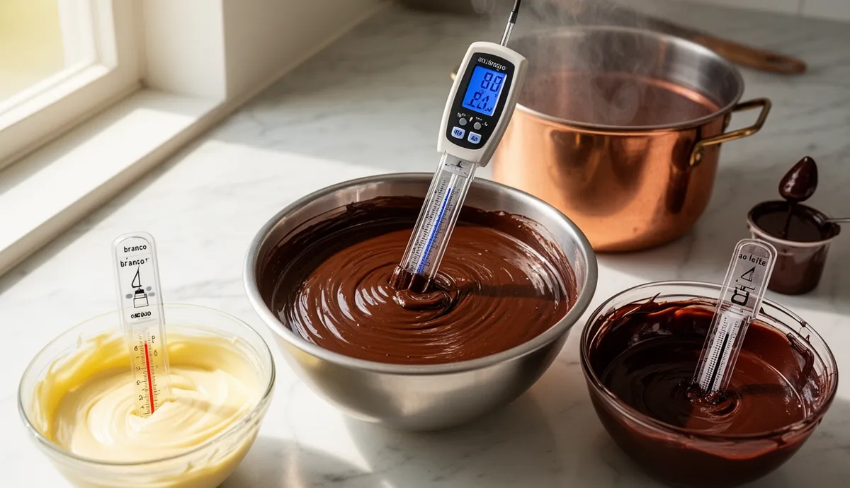 Configuração profissional de temperagem de chocolate com três variedades (amargo, ao leite e branco) em tigelas de aço inox,