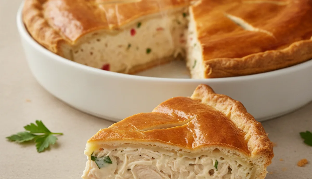 Fatia de torta de frango cremosa em primeiro plano mostrando o corte com massa dourada e recheio de frango desfiado, com a torta inteira ao fundo