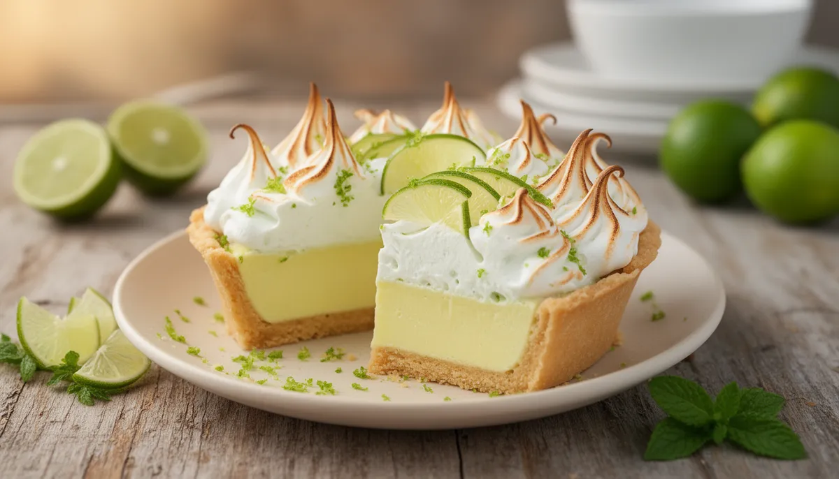Torta de limão com merengue suíço em fatia, apresentando massa crocante, recheio amarelo e cobertura de merengue com picos dourados
